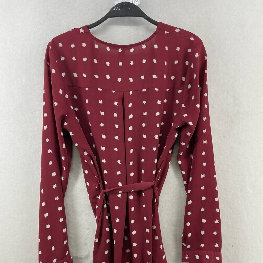 Forever21 Dress Sz M Wine Red Shift White Polka Dot V-Neck Tie Waist Long Sleeve - Picture 8 of 11